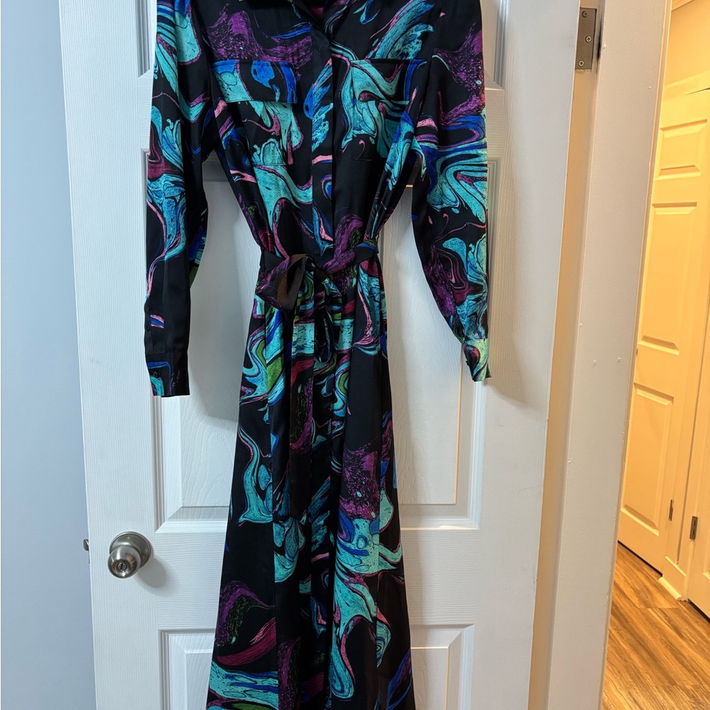 INC International Concepts satin Black and Blue Swirl Maxi Shirt Dress